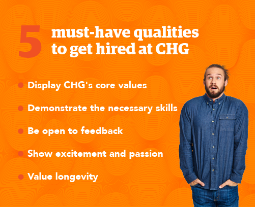 Graphic of a CHG employee standing next to a list of 5 qualities CHG employees have