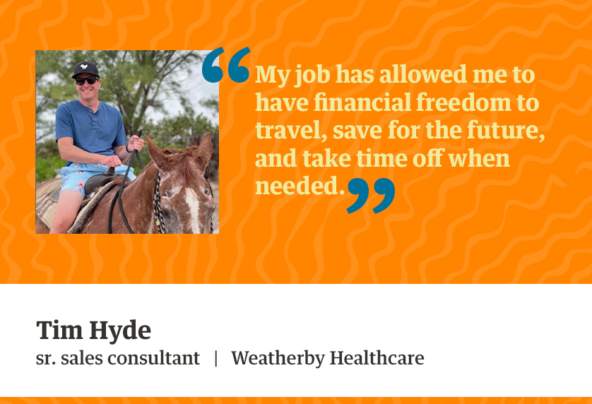 Quote from Tim Hyde - My job has allowed me to have financial freedom to travel, save for the future, and take time off when needed.
