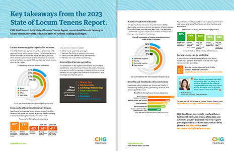Thumbnail image of PDF one sheet summarizing key takeaways from the 2023 state of locum tenens report for healthcare leaders