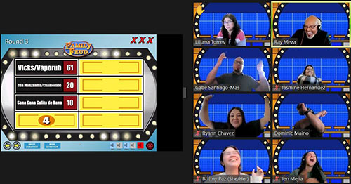 Zoom screen Mixed Roots members playing Family Feud