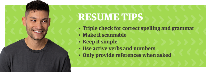 Resume tips graphic - spelling and grammar, active verbs and numbers, keep it simple