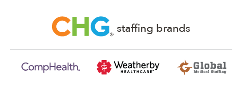 The logos of CHG's three different staffing companies that make up its family of brands