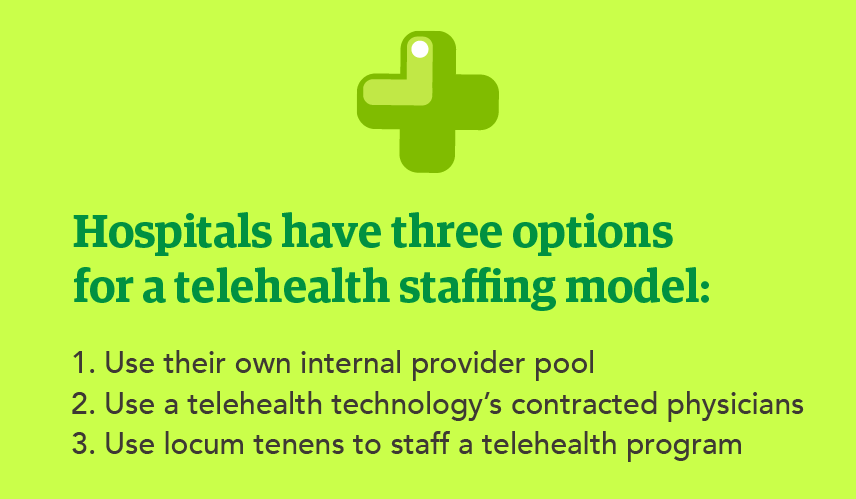 Graphic list of the three staffing options healthcare organizations have for telehealth