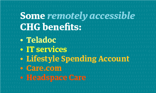 Infographic about remotely accessible employee benefits like Teladoc and Headspace Care