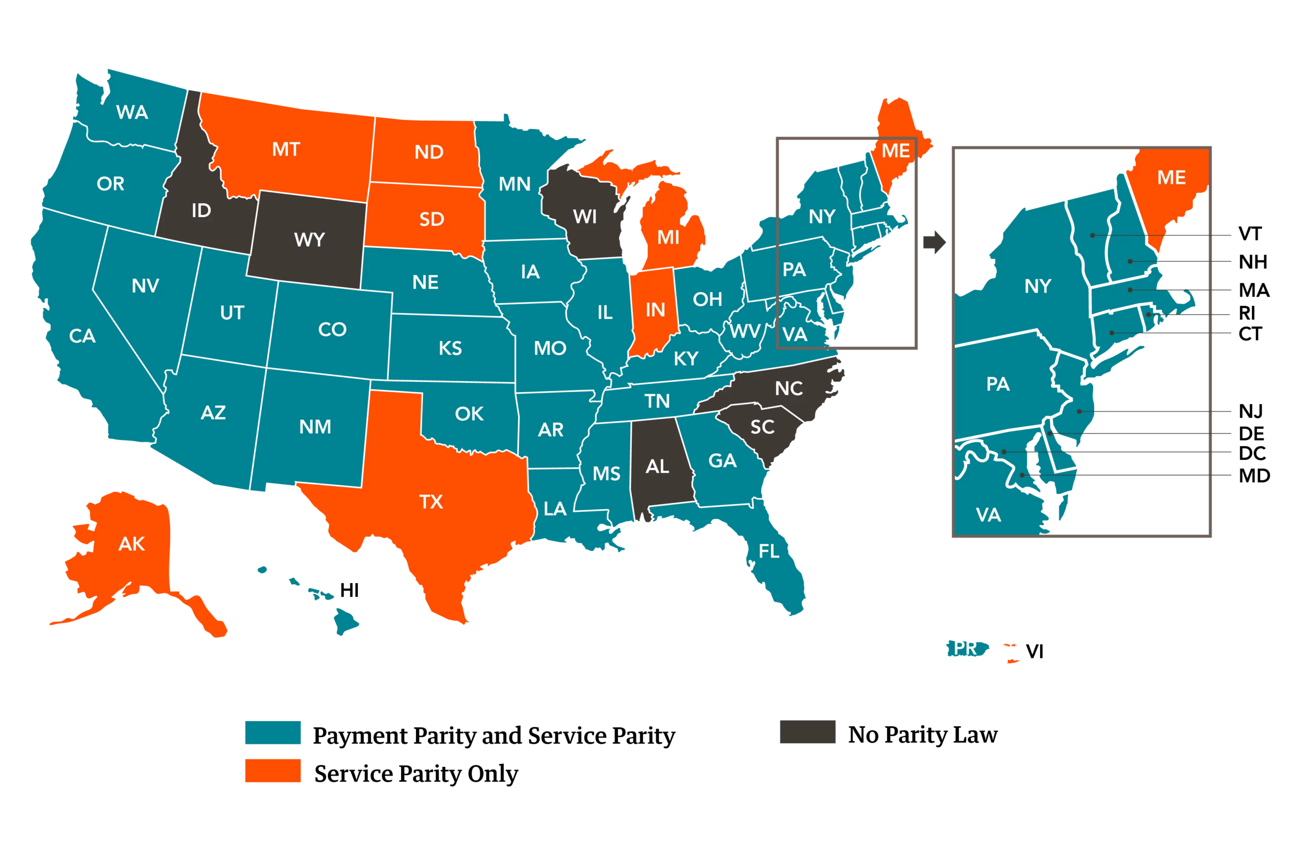 Map of the United States showing which states have service parity, payment parity, or both for telehealth services.