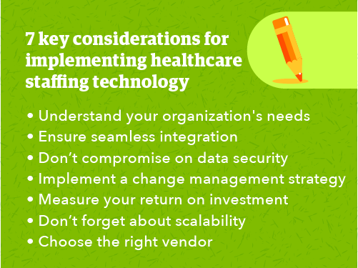 Graphic of 7 considerations for implementing healthcare staffing technology