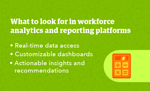 Graphic with text about what to look for in analytics and reporting in tech platforms