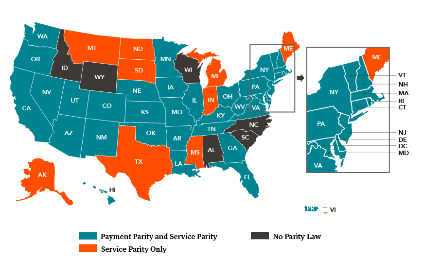 Map of telehealth parity in the U.S. in Feb 2026